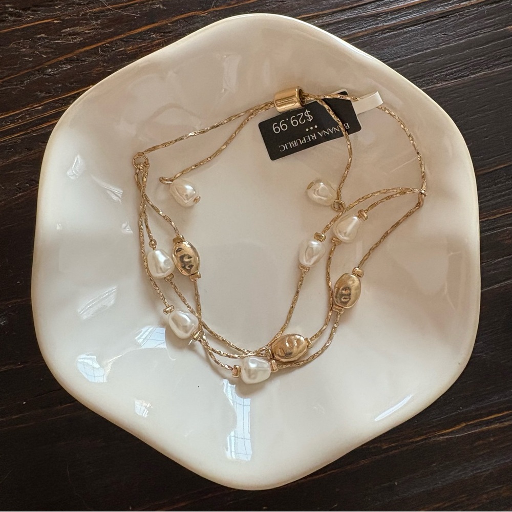 Banana Republic Gold Tone Adjustable Bracelet with Faux Pearl Charms